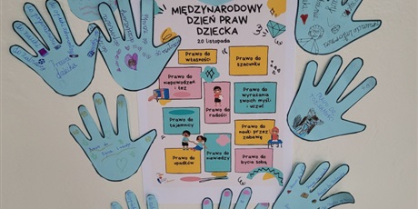 Powiększ grafikę: Plakaty i niebieskie "łapki" umieszczone na korytarzu szkolnym dotyczące praw dziecka.