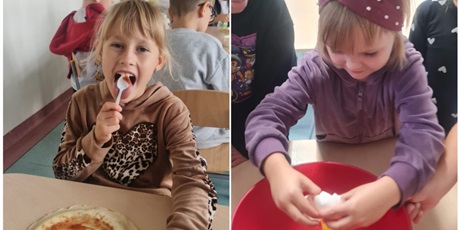 Powiększ grafikę: Uczennica przygotowuje naleśniki. Uczniowie spożywają naleśniki.