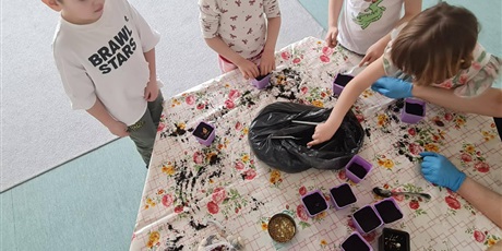 Powiększ grafikę: Uczniowie sadzą rosliny w doniczkach w sali lekcyjnej.