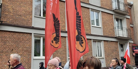 Powiększ grafikę: Uczniowie z flagami, symbolami narodowymi  i banerami szkolnymi na ulicy podczas parady niepodległości.