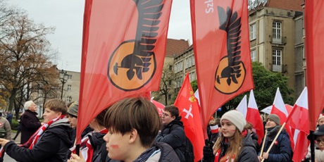 Powiększ grafikę: Uczniowie z flagami, symbolami narodowymi  i banerami szkolnymi na ulicy podczas parady niepodległości.