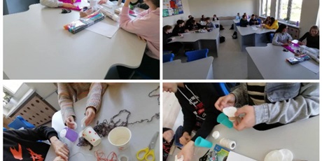 Powiększ grafikę: Uczniowie podczas realizacji zadania projektowego. Tworzenie "ochraniacza" dla jajka