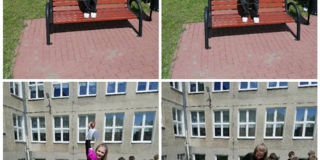 Powiększ grafikę: Uczniowie podczas sprawdzania efektów wykonywanego projektu na patio przed szkołą